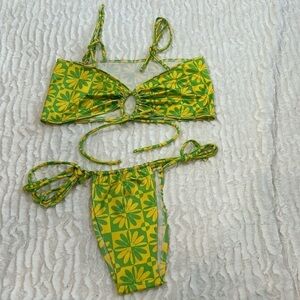 Groovy Gal Retro Haze Strappy High Hip String Bikini Set Floral green yellow